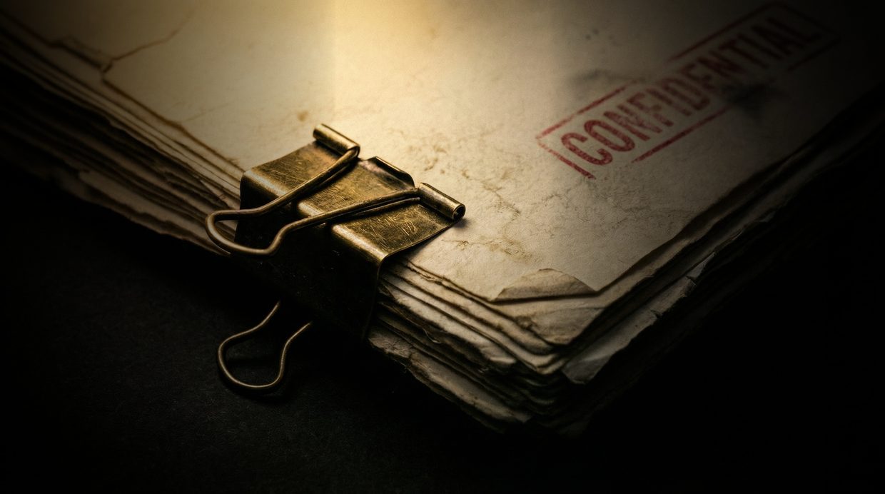 Aged classified document stack with brass binder clip and red CONFIDENTIAL stamp, dark moody lighting representing regulatory complexity in the peptide industry