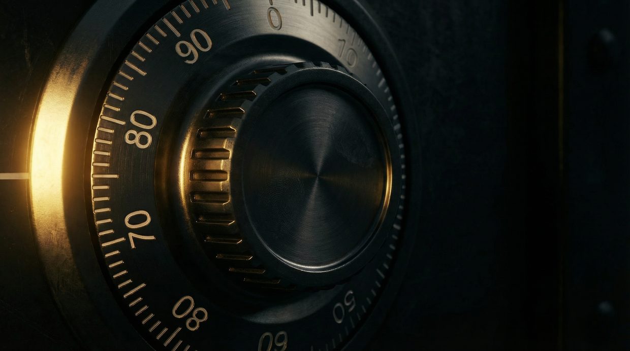 Bank vault combination dial in dramatic gold light , representing the access and security that BIN ownership provides to high-risk merchants