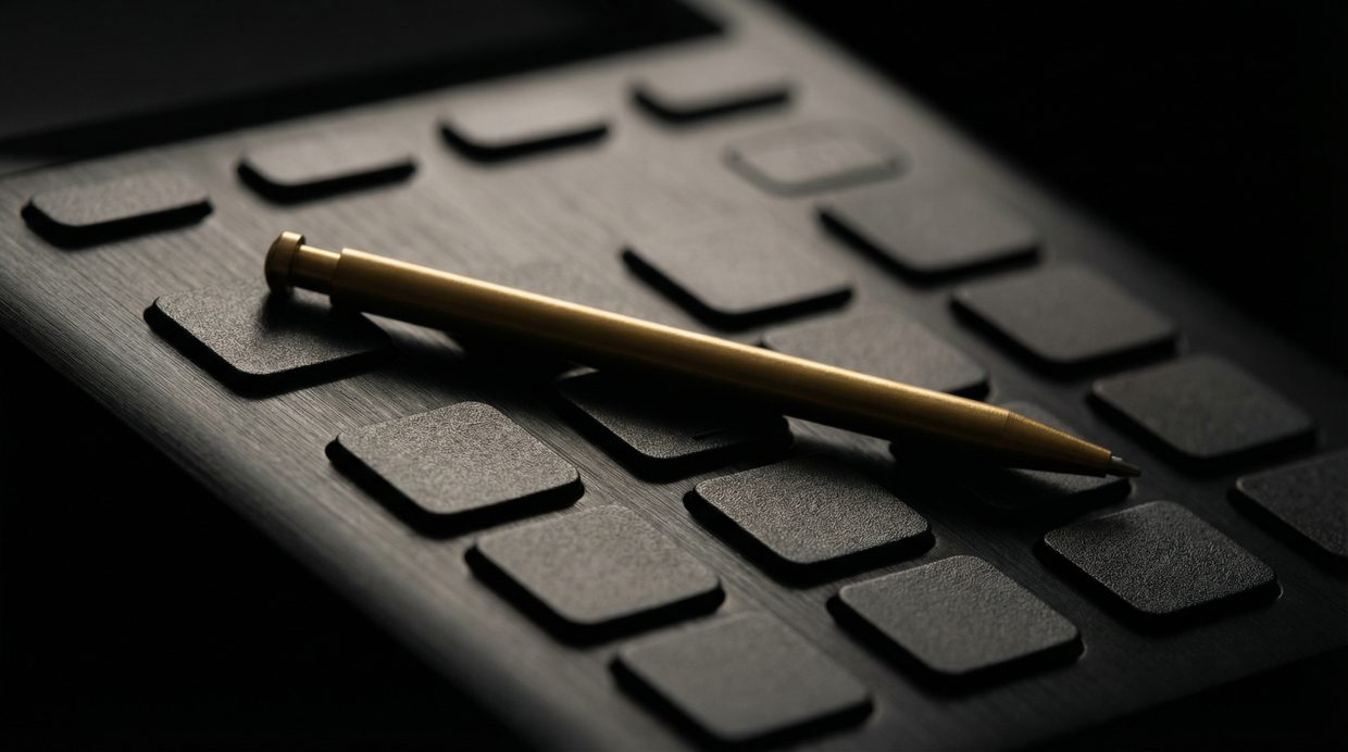 Matte black payment terminal keypad with gold stylus , representing the moment of payment processing termination